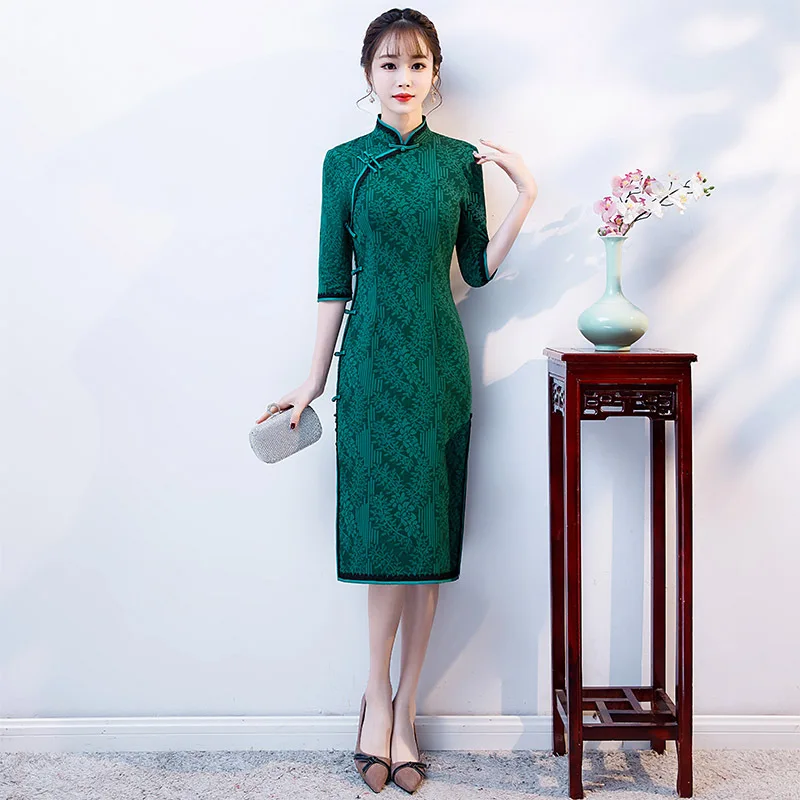 Благородная сексуальная длина до колена Cheongsam Новое весеннее винтажное платье в китайском стиле женские Qipao тонкие вечерние платья с пуговицами Vestido