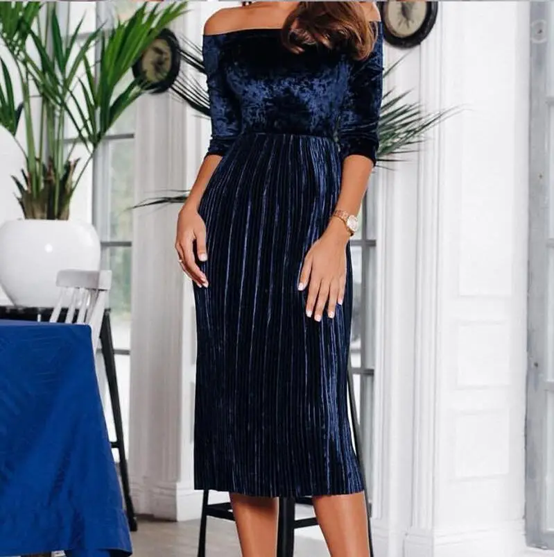 JOYINPARTY для женщин Бархат Vestidos Мода элегантное праздничное платье с открытыми плечами Плиссированное свободное винтажное платье