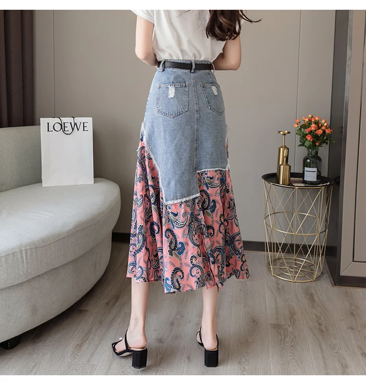 Trytree Summer Women two piece set Casual O-Neck Tops+ Skirt Demin Patchwork Print Hem Belt Pocket Suit Office Lady 2 Piece Set