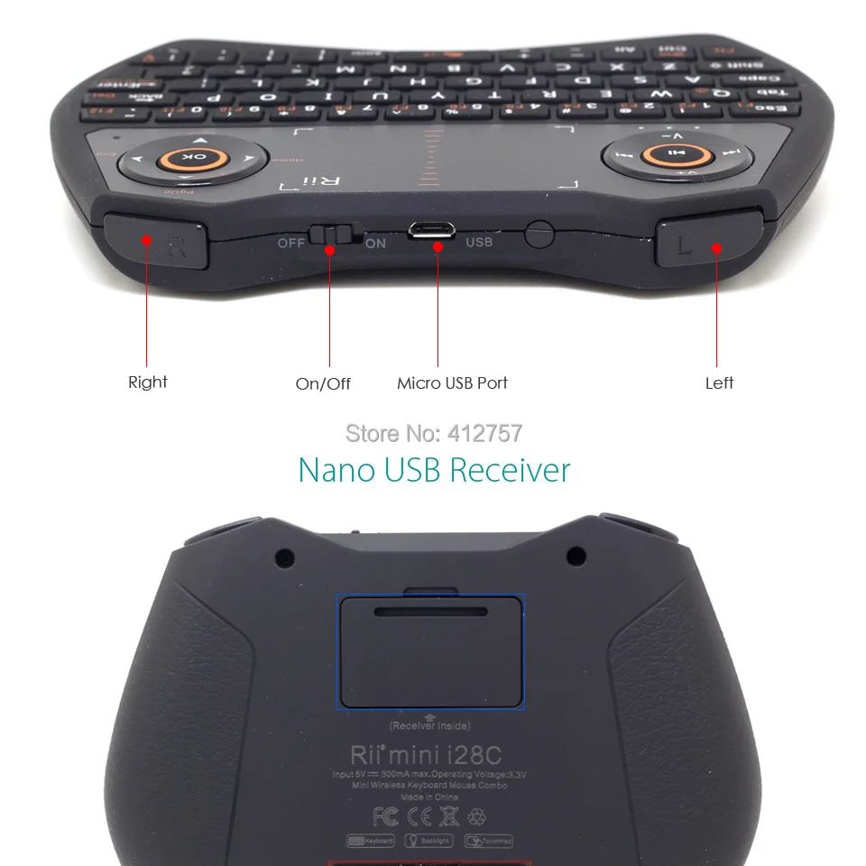 Rii i28C с подсветкой Русский Английский 2,4 ГГц Мини Беспроводная клавиатура Air mouse с портативной сенсорной панелью для Android tv Box IP tv Mini PC