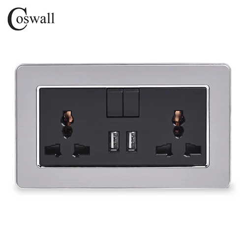Black COSWALL 2 банды 13A универсальная Коммутируемая розетка двойной USB порт зарядки выход 2.1A настенная розетка из нержавеющей стали матовая панель - Тип: Black