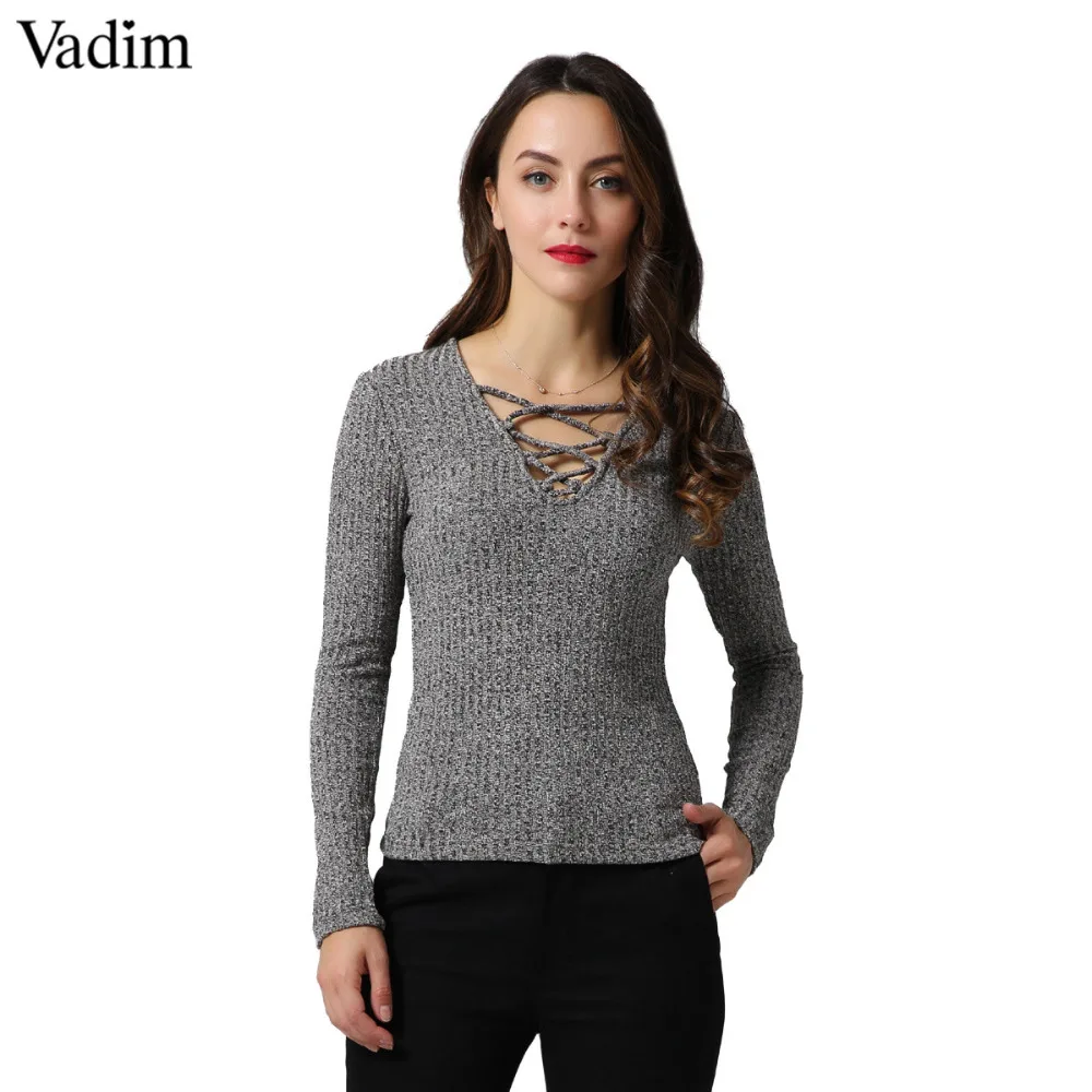 Vadim women sexy v neck knitted sweater bandage pullover lace up Elastic low cut cross bodycon long sleeve casual tops SW867 | Женская