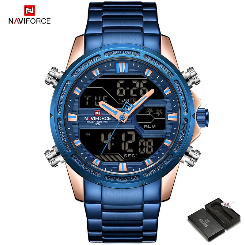 RoseGoldBlue-Box NAVIFORCE Топ бренд мужские спортивные часы мужские кварцевые светодиодный цифровые часы мужские полностью стальные военные наручные часы Relogio Masculino - Цвет: RoseGoldBlue-Box