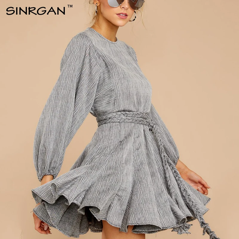 SINRGAN Бронирование Зимнее серое платье с завязками Пояс длинными рукавами Талия