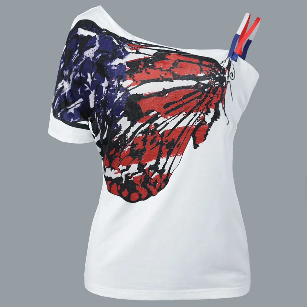 RENBANG New Summer Sexy Ladies Oblique Shoulder T Shirt Butterfly Printed Strap Short Sleeve Tops Women Tees Plus Size 5XL | Женская