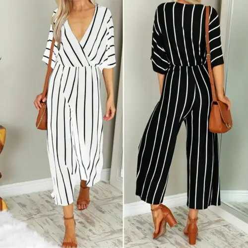 

OL Ladies Half Sleeve Striped Loose Baggy Trousers Jumpsuit Overalls Wide Leg Trousers Romper Jumpsuit