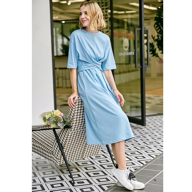 Blue Long Dresses Amii Minimalist Women Dress Spring Summer Causal Solid Short Sleeve Belt Lace Up O Neck Cotton Elegant Female Dress - Цвет: Blue Long Dresses
