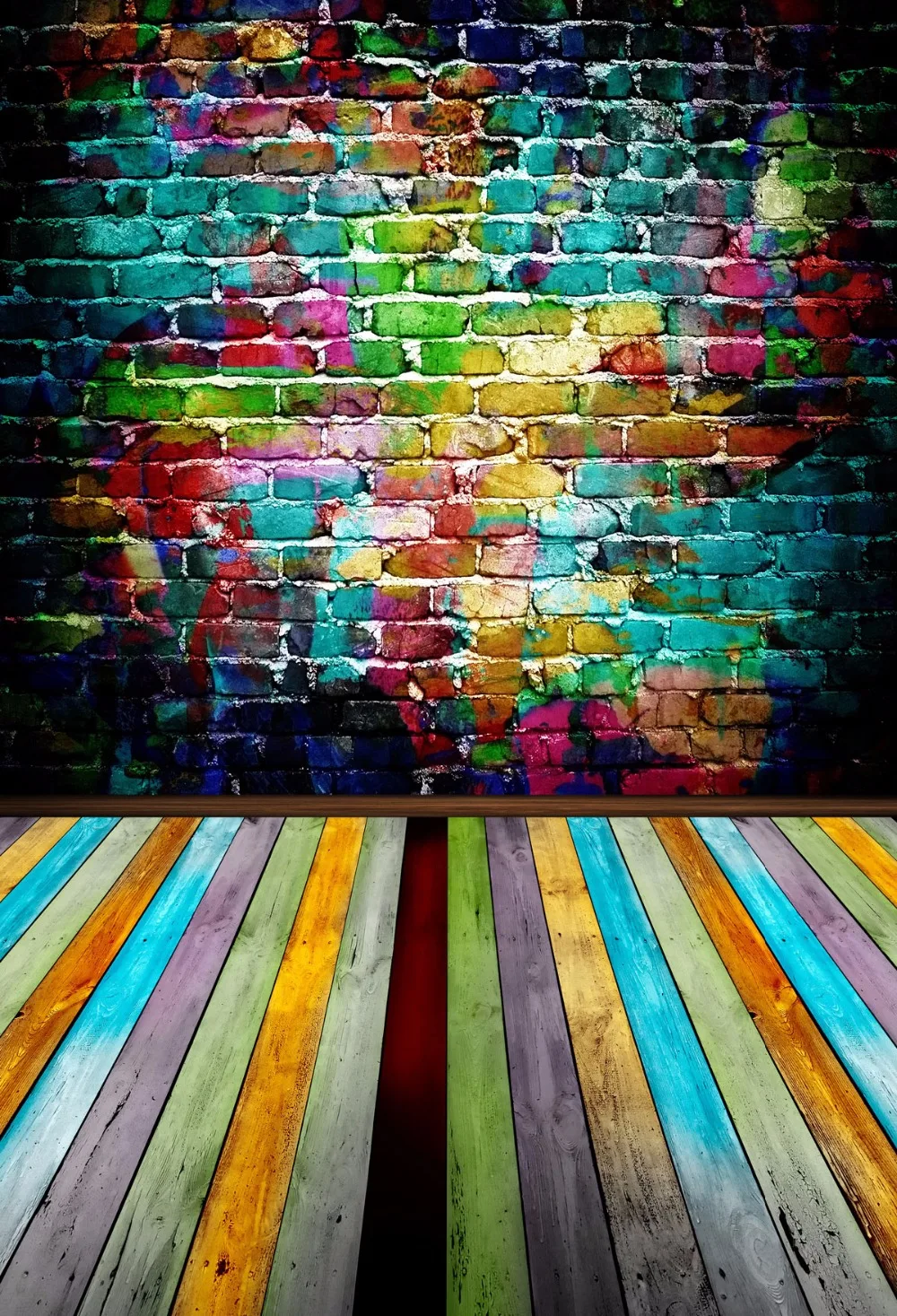 

VinylBDS Colorful Brick Wall Wedding Background Wooden Floor Backdrops for Photography Children Backgrounds for Photo Studio