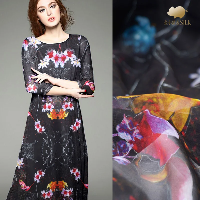 

Flowers digital inkjet silk georgette fabric summer thin perspective scarf dress shirt Chinese silk fabric tulle fabric cloth