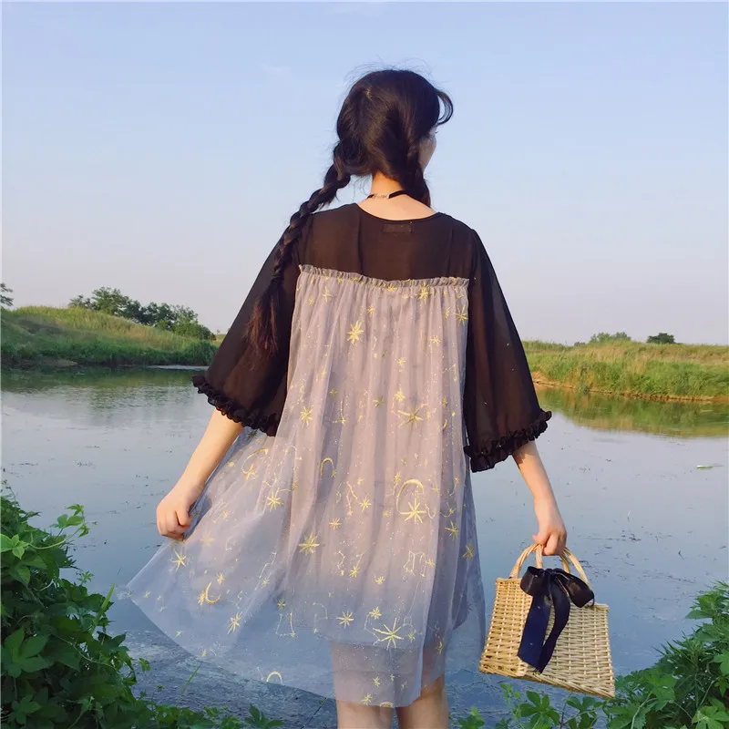 Женские платья Япония каваи Ulzzang шифон сшивание сетка ложные два женское милое