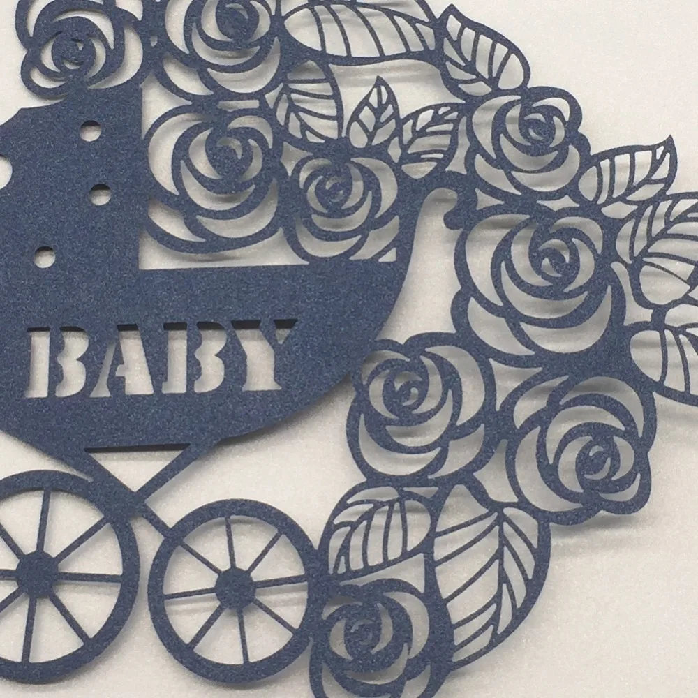 

50pcs/lot Laser Cut Baby Shower Invitation Card With Ribbon Baby Carriage Pattern Birthday Party Invitations Card Gift Card