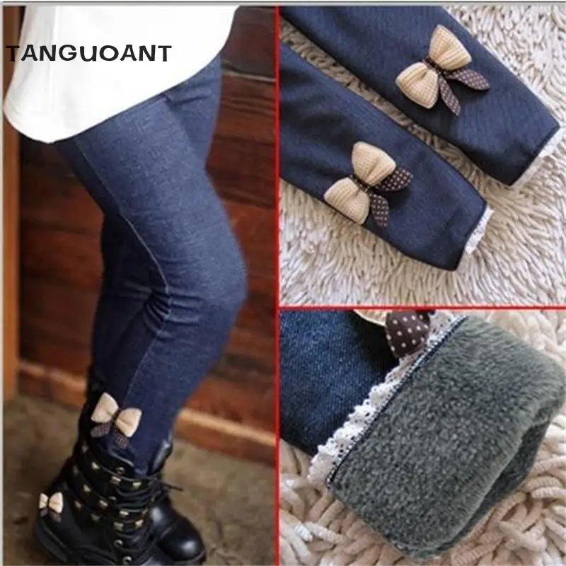 Новые джинсы с бантом для девочек хлопковые детские кашемировые брюки теплые