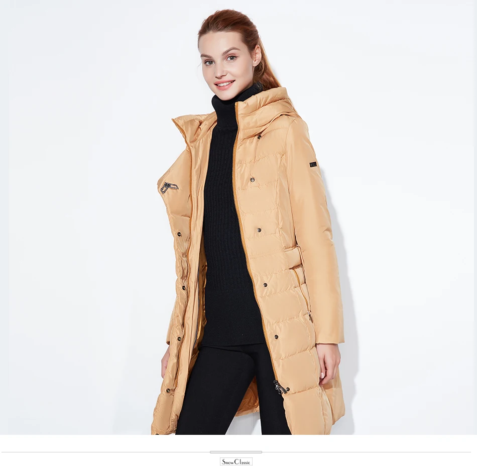 SnowClassic Модные женские зимняя куртка толстый длинное пальто куртки капюшон регулируемый пояс, теплая обувь с хлопчатобумажными стельками