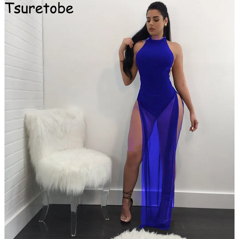 Tsuretobe 2017 Лето с открытыми плечами сеточка Макси Платье женское высоким разрезом