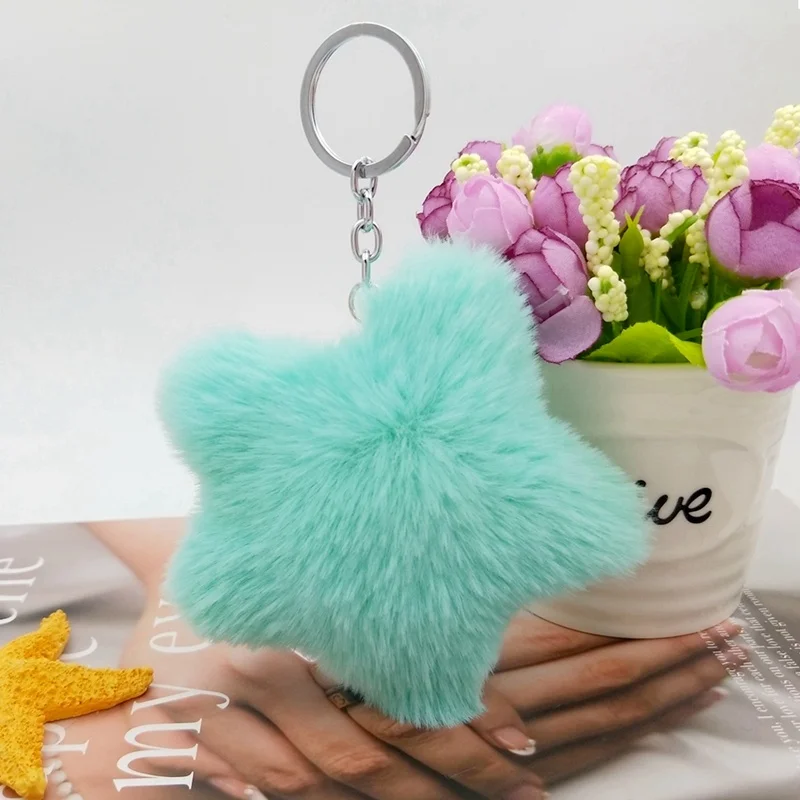Lake blue Пушистый Звездный брелок для женщин, искусственный помпон из меха кролика, брелок для женщин, Очаровательная сумка, автомобильные брелки, подвеска, ювелирные изделия, аксессуары - Цвет: Lake blue