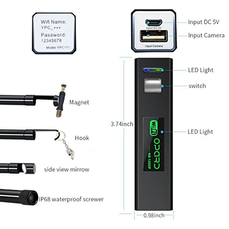 HD 1200P Wifi USB бороскоп IP68 Водонепроницаемая Инспекционная камера с полужестким гибким кабелем для смартфона беспроводной Эндоскоп
