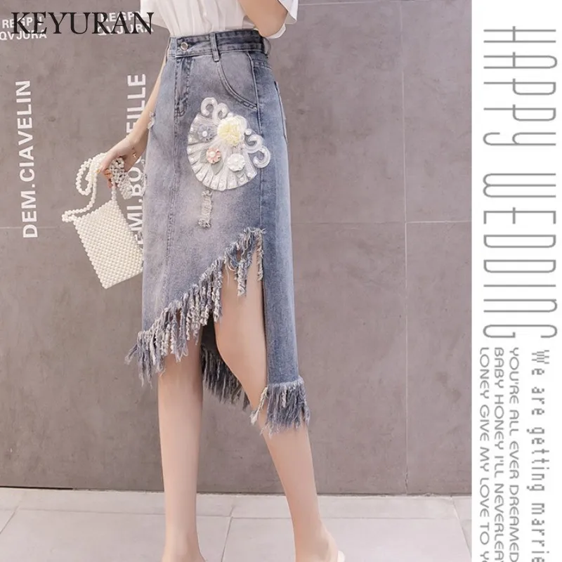Женские асимметричные юбки из денима с бахромой повседневные джинсовые большого