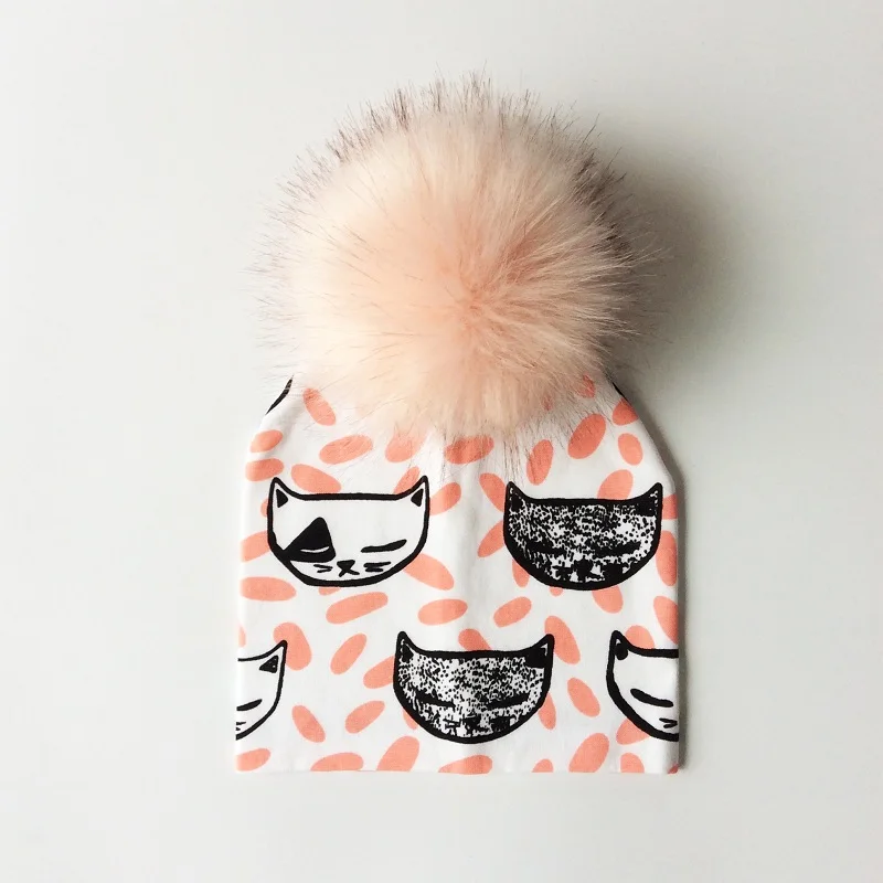 orange fox Детская шапка, хлопковая шапка с помпоном и принтом для детей, зимняя шапка для мальчиков, детские шапки для девочек, детские шапки - Цвет: orange fox