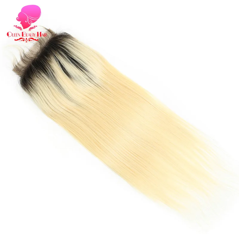 QUEEN 4x4 Lace Closure Ombre Blonde 1B 613 Platinum 8 - 22 Inch Remy Human Brazilian Straight Swiss With Baby Hair | Шиньоны и парики