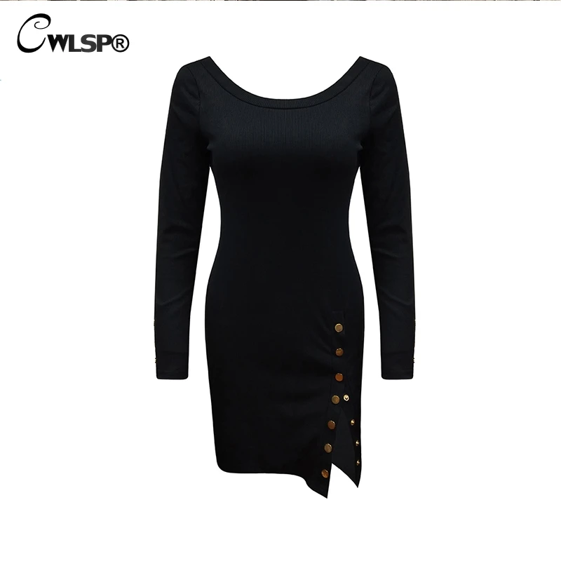 

CWLSP 2018 Autumn Fashion Button Women Dress Sexy Side Split Packet Hip Dress Vestidos Slim Female Clothes Streetwear QZ3110