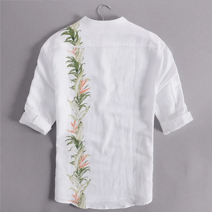 Мужская льняная рубашка с коротким рукавом Повседневная белая цветочным принтом
