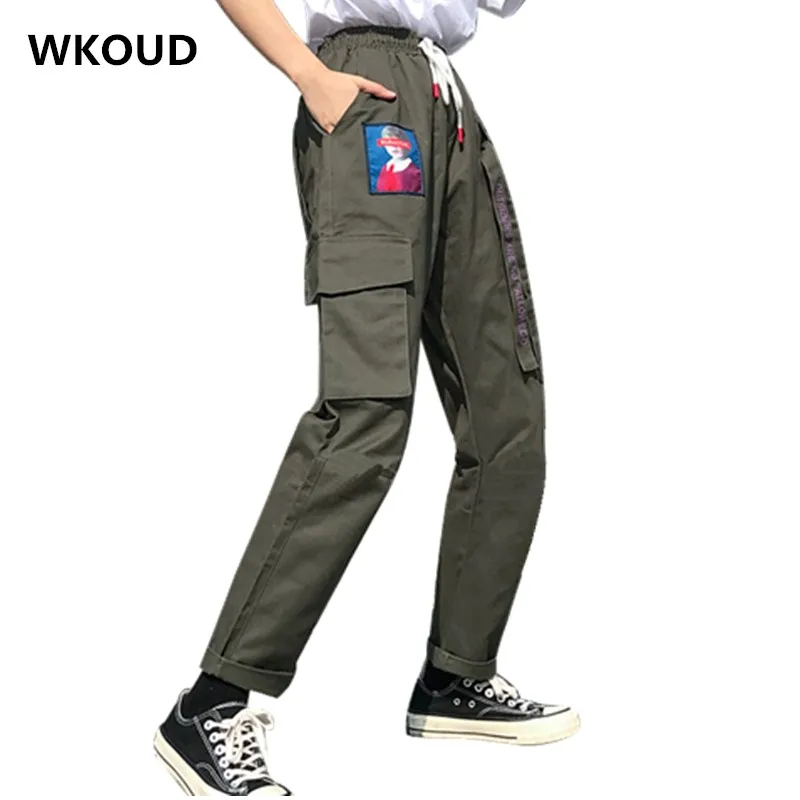 green WKOUD женские брюки-карго на завязках, на талии, с буквенным принтом, спортивные штаны, розовые, с большими карманами, по щиколотку, брюки, женские брюки, P8918 - Цвет: green