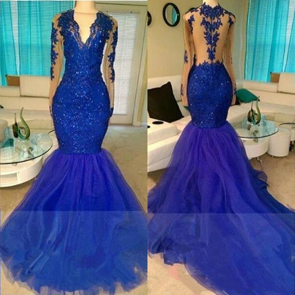 

Real Shinny Royal Blue Mermaid Evening Dress Sexy Illusion Long Sleeves Sheer Backless Appliqued Sequined Long Tulle Prom Gowns