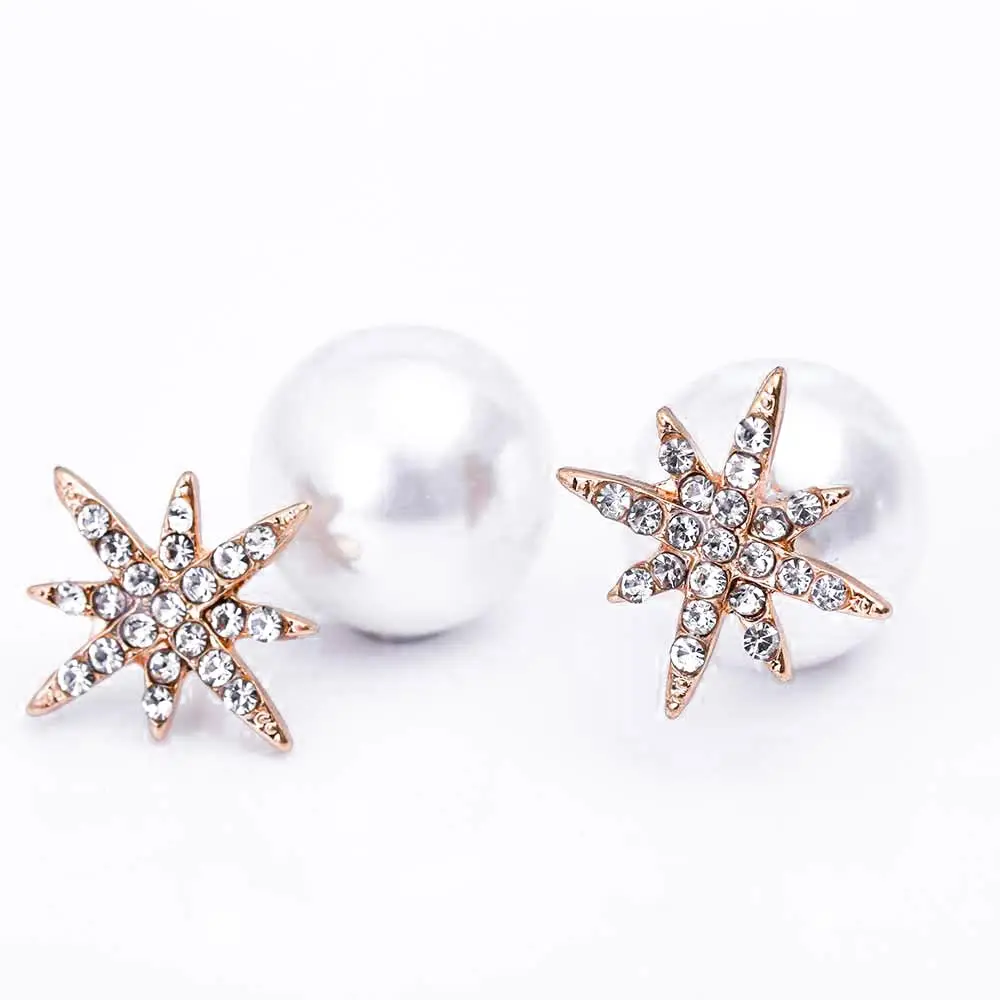 2016 Hot Sale Rhinestone Snowflake Imitation Pearl Double Sided Stud Earrings Fashion Fine Metal Geometry Star Removable Earring | Украшения