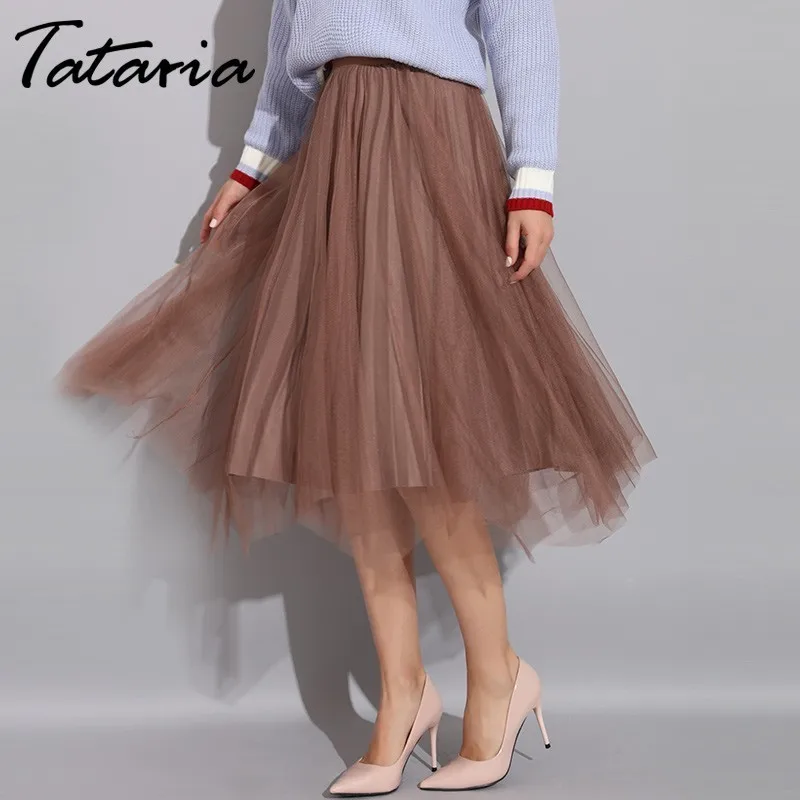 Tataria high Waist Long Tutu Skirt Women Pleated Skirts Women's Winter Autumn Brown For Elegant Midi | Женская одежда
