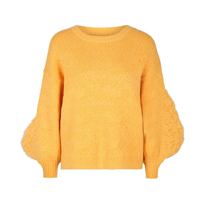 Winter Yellow Sweater Women Round Neck Solid Lantern Sleeve Pullover Fashion Plain Girls Knitted Autumn Long