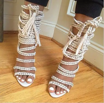 

Drop Shipping Woman Chains Rope Open Toe Tassel Gladiator Sandals Botas Strappy Celebrity Summer High Heels Stiletto Sandals