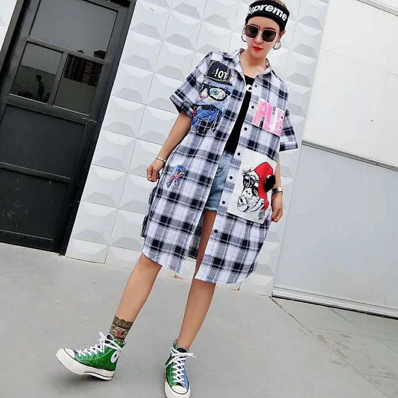 Дамы Плюс Размеры отложным воротником рубашка с платье Street Wear мультфильм