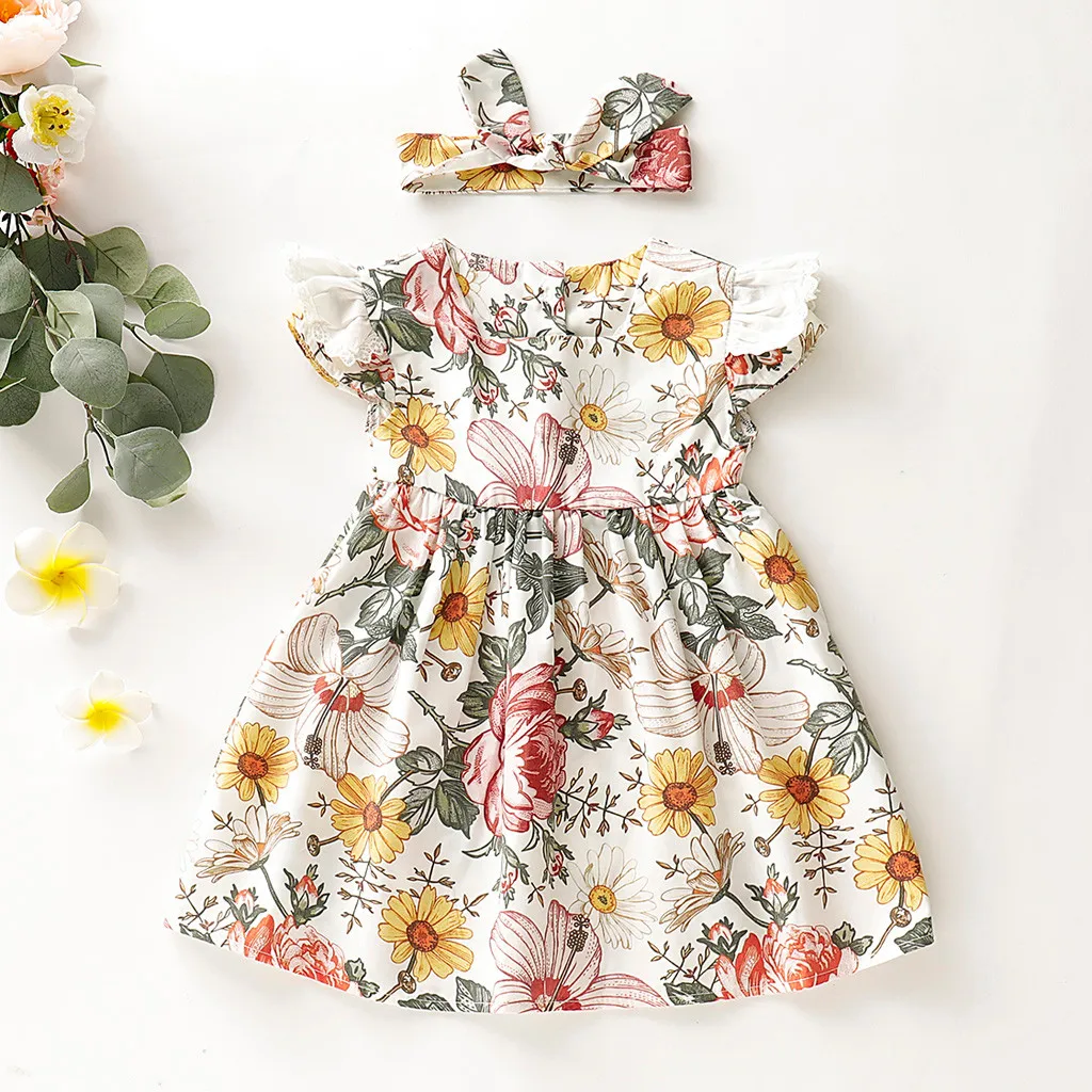 Girls Dress Baby Kids Floral Print Sleeveless+Hairband Party Princess Dresses Clothes Meisjes Jurk Summer Cotton Clothing | Детская