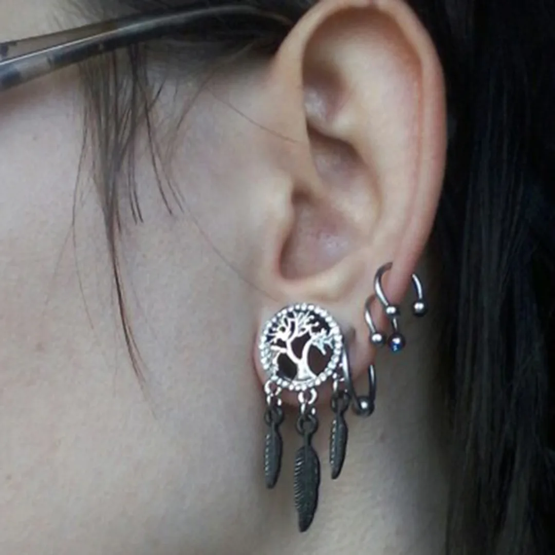 1 Pair Surgical Steel Crystal Tree of Life Feather Dangle Ear Plugs Saddle Flesh Tunnel Gauge Expander Body Piercing Jewelry|Украшения