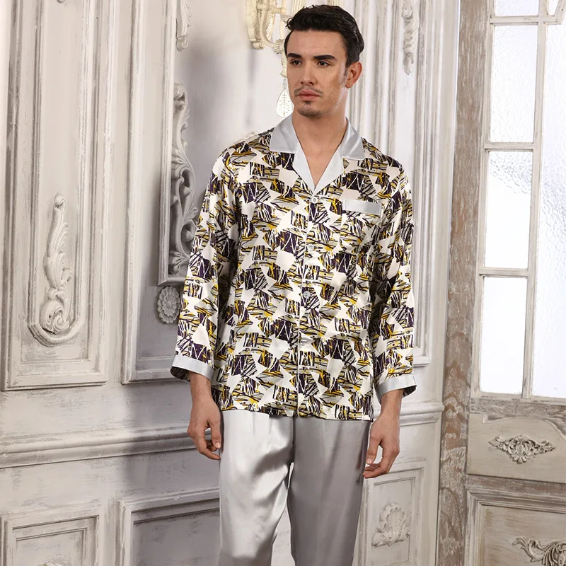 Sexy Genuine Silk Men's Pajamas 100% Silkworm Silk Sleepwear Male Fashion Printed Long-Sleeve Pyjama Pants Two-Piece Sets 51233