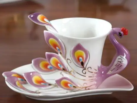 Purple Креативная фарфоровая эмалированная 3D цветная чашка с блюдцем и ложкой, керамическая кофейная чашка, креативные чашки, кофейные чайные наборы - Цвет: Purple