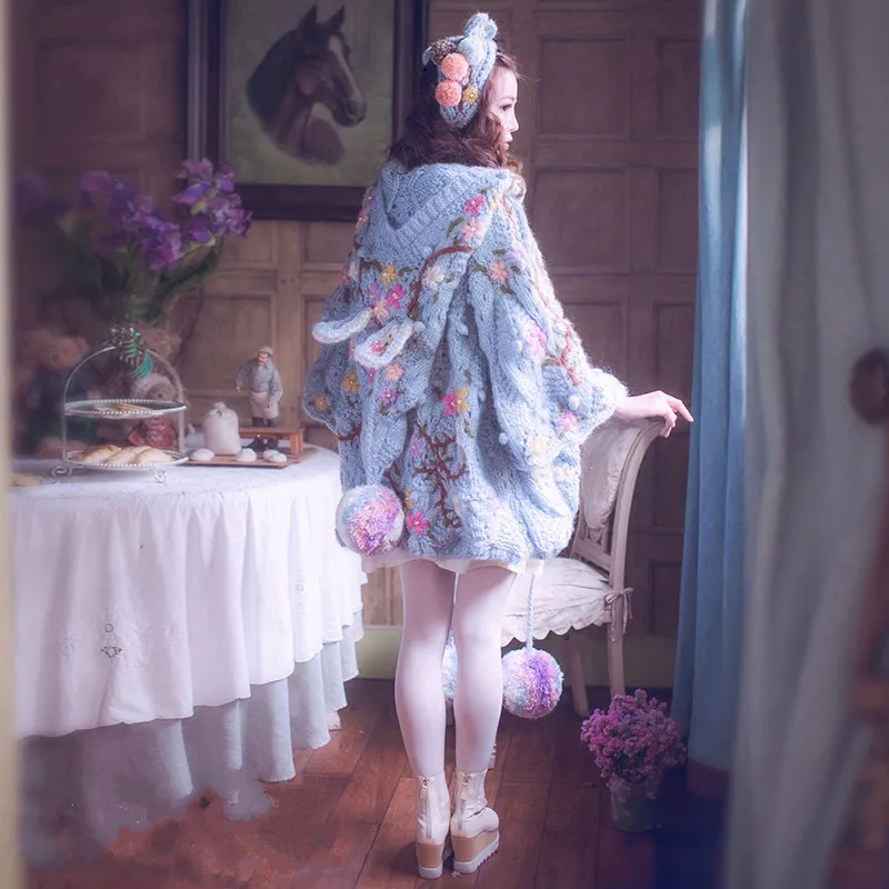 2019 Cardigan Feminino Poncho Magic Doll Spring Virgin Female Blue Heavy Hand Embroidery Stick Needle Loose Hat Rabbit |