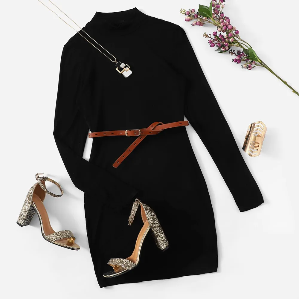 SHEIN Однотонное Платье С Длинным Рукавом Элегантное Демисезонное Платье