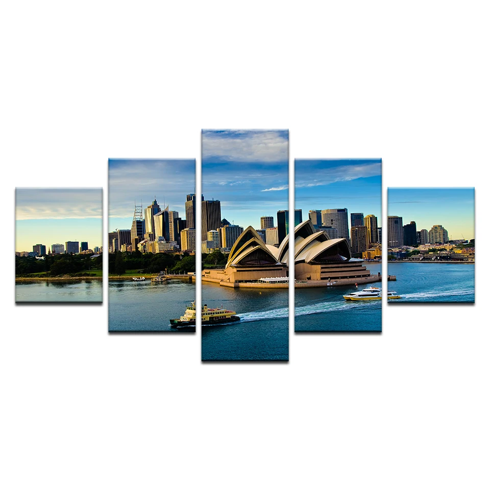 Модульная Wall Art рамка плаката номер домашнего декора Холст Фотографии 5 шт. Сидней опера Строительная лодка