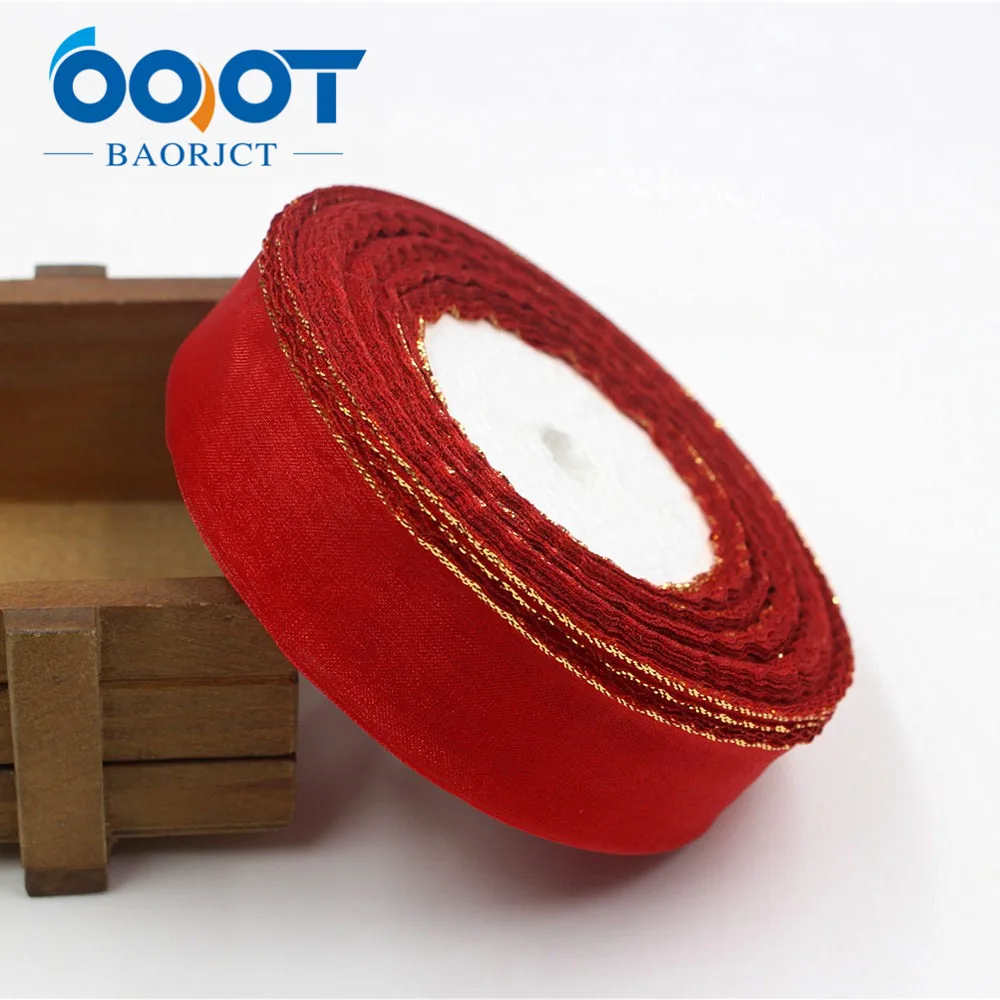red OOOT BAORJCT 17102310,25 мм 50 ярдов/рулон Золотая Сторона прозрачная двухсторонняя лента из органзы - Цвет: red