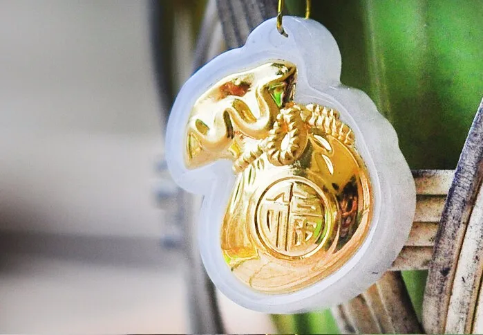

Новинка 999 твердая 24k желтое золото 100% натуральная/Jadeite сумка Подвеска