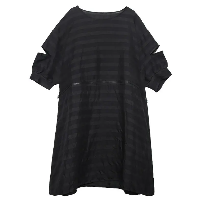 Женское платье-миди XITAO черное платье в полоску с круглым вырезом и карманами