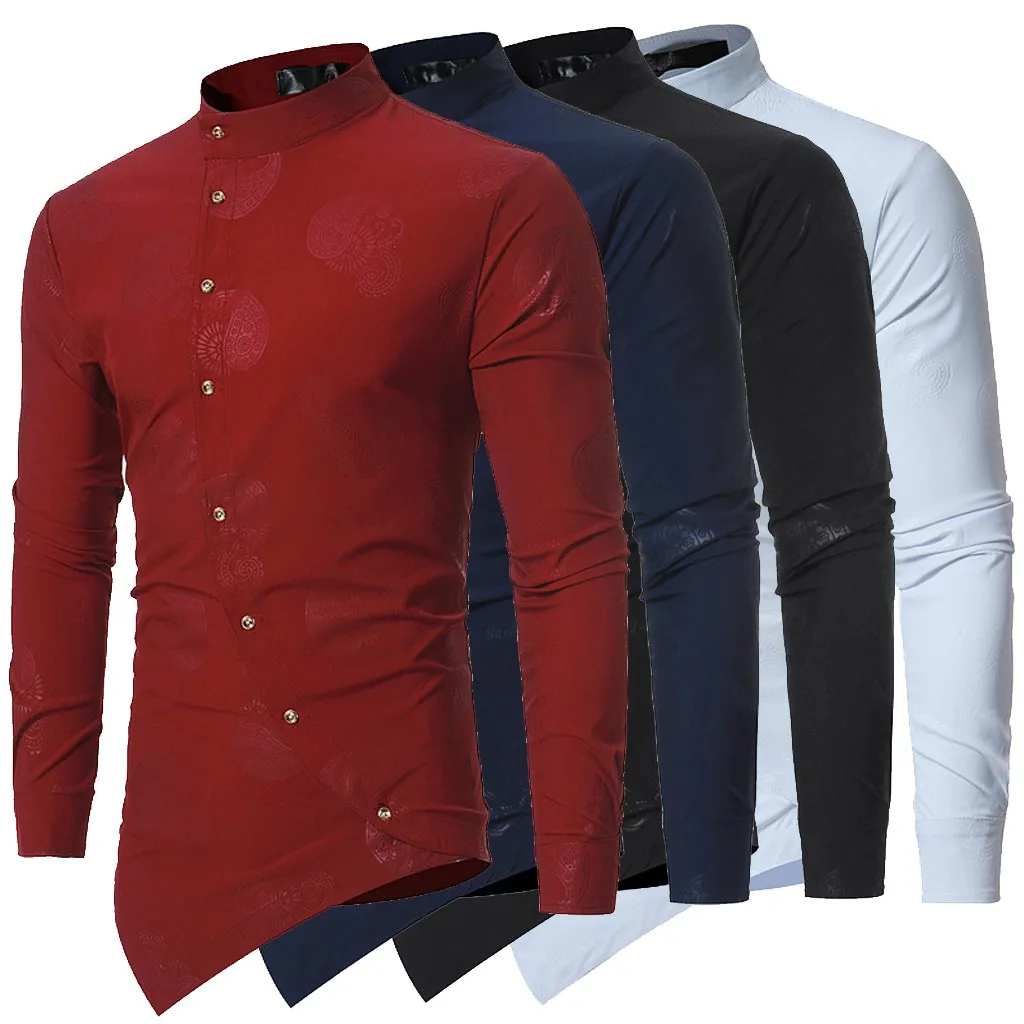 Новое поступление мужские рубашки мужские весенние Irraguler Slim Fit с длинным рукавом печатные мышцы футболки Топ Блузка camisa masculina#3