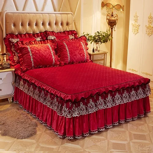 Red Bedskirt Флисовая теплая кровать, юбка, покрывало, Твин, полный, королева, король, размер, простыня, покрывало, набор, фиолетовые, розовые, красные наволочки, кувертура де ЛИТ - Цвет: Red Bedskirt