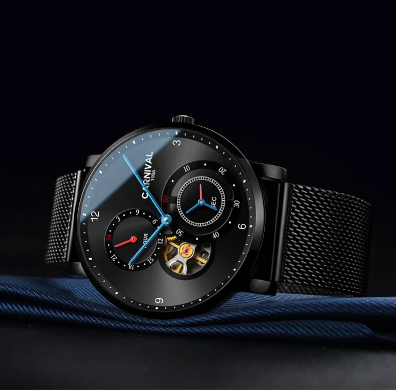 Модные Tourbillon механические часы карнавал ультра тонкие автоматические часы для мужчин сапфир 24 часа кожаный ремешок водонепроницаемые часы