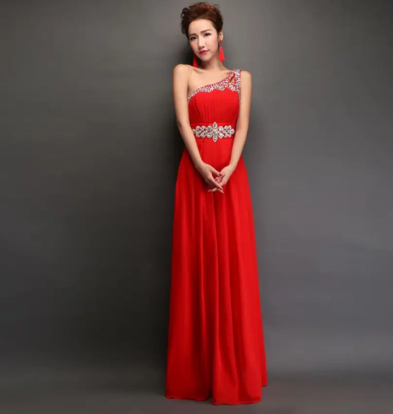 Красный Свадебное платье для гостей шифоновое платье на одно плечо с кристаллами на бретельках мятно-зеленое небесно-голубое фиолетовое изумрудно-Зеленое Длинное платье подружки невесты - Цвет: Красный