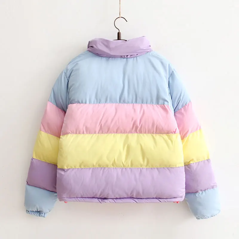 Harajuku/радужные хлопковые куртки со съемной шляпой; женская универсальная плотная верхняя одежда; теплые женские свободные разноцветные пальто 333