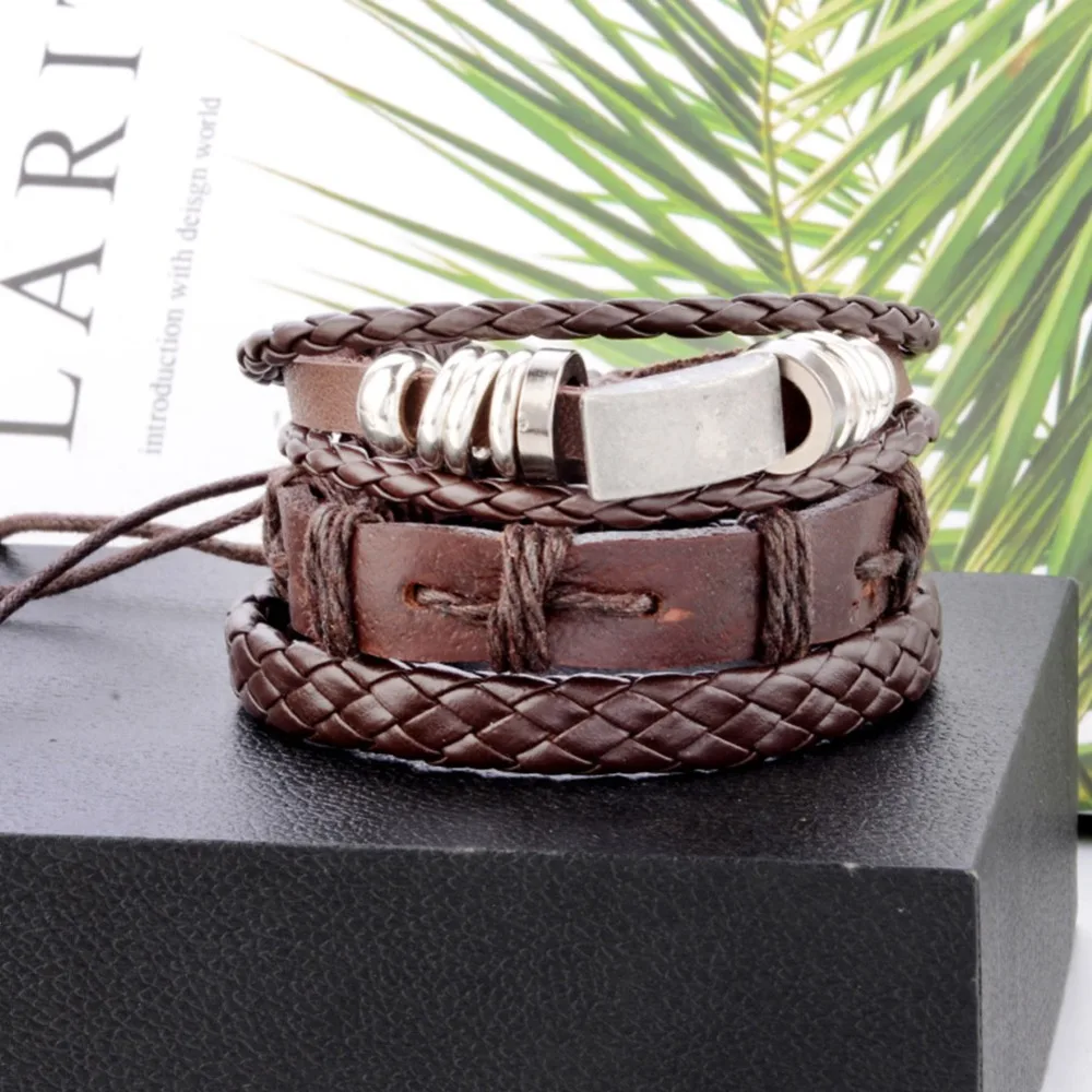 5 шт. винтажная ручка многослойный кожаный браслет мужской модный плетеный