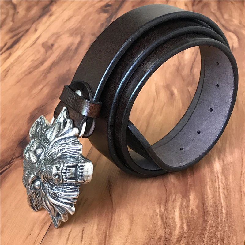 

3D Wolf Head Belt Buckle Men Belt Genuine Leather Cowboy Belt Wide Jeans Ceinture Homme Male Strap Wide Belts For Men MBT0511