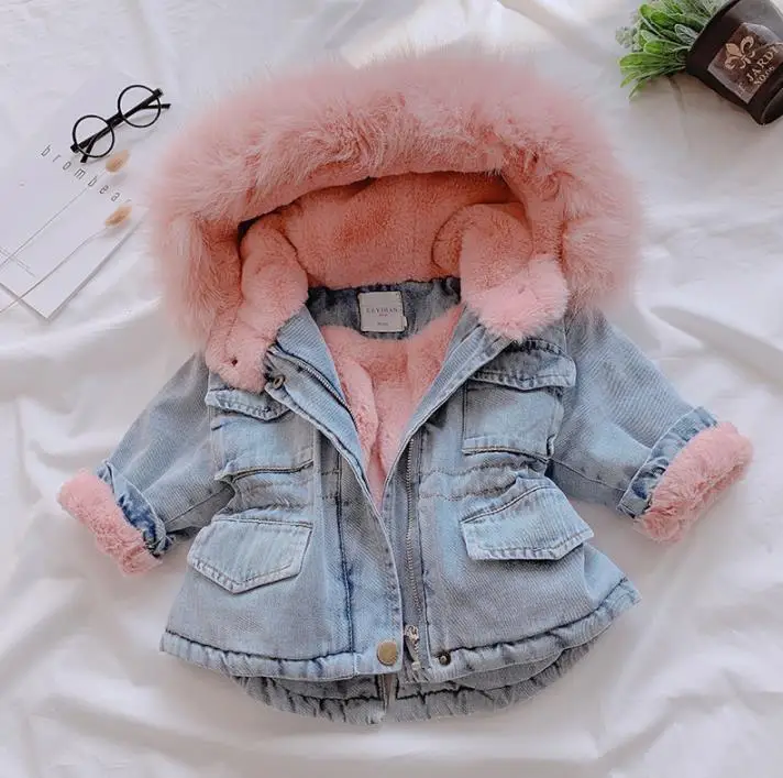 Розовый Children's cowboy plus velvet warm jacket - Цвет: Розовый